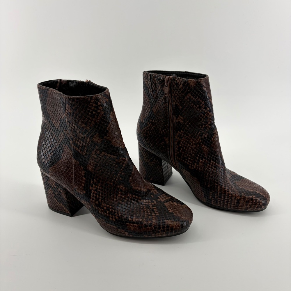 A New Day Ankle Boots Brown Snakeskin Women 6.5 Square Toe Block Heel Side Zip‎